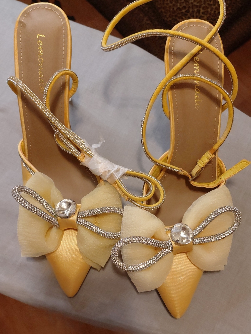Yellow Bow-Embellished Pointed-Toe Ankle Strap Heels